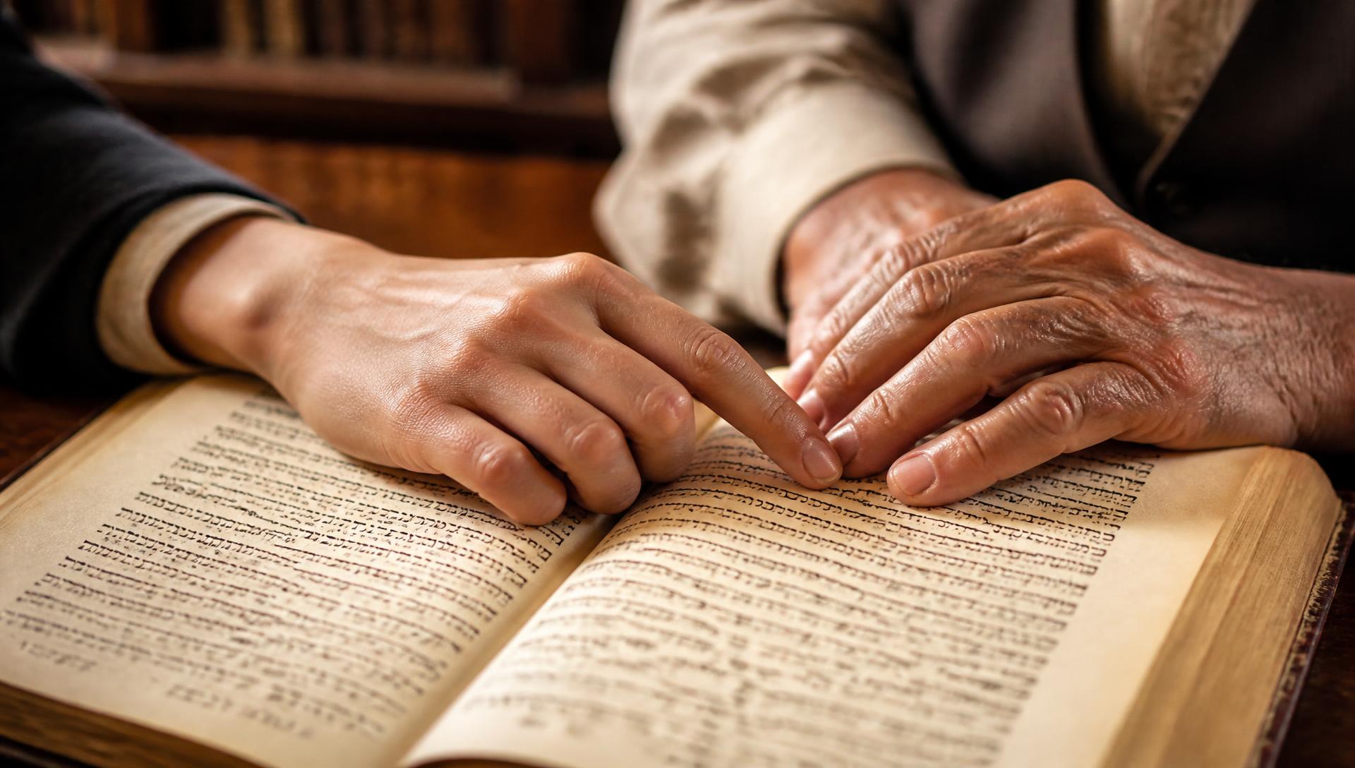 A young man's hand and his father's hand resting together on the page of an open sefer.